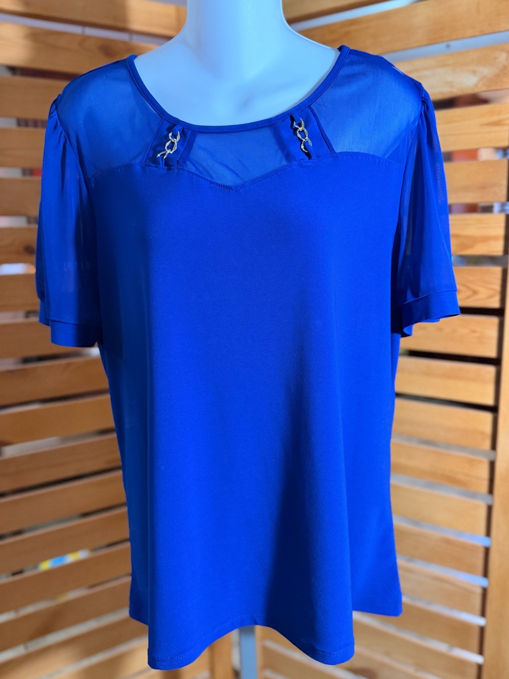 Women's Royal Blue Short Sleeve Blouse with Sheer Yoke and Chain Detail